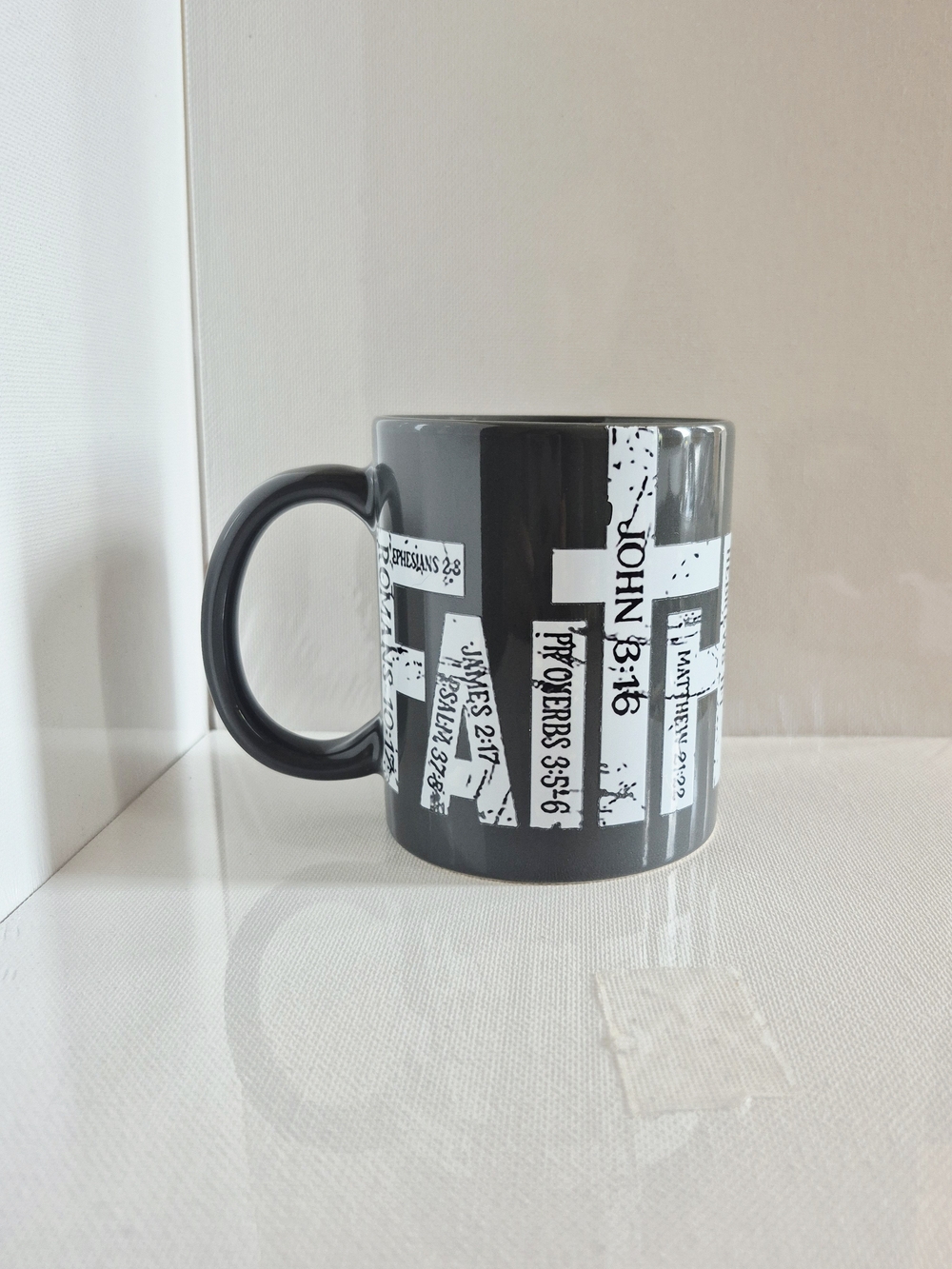 🏷3/$12 Gray & Black FAITH Bible Verses Custom Graphic Mug Like New